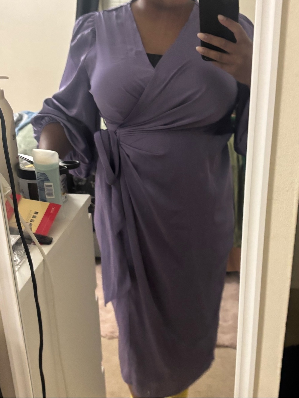 Purple Wrap Midi Dress with Tie Waist